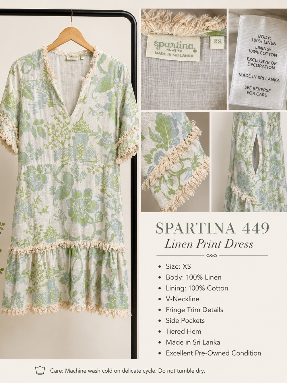 Spartina 449 Cream and Light Green Floral Tassel-Trim Mini Dress